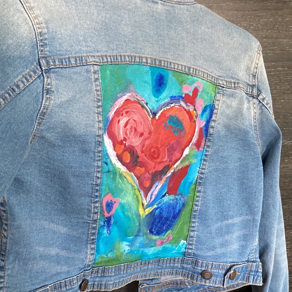 Artisan Hand Painted Blue Notes Cropped Jean Jacket Abstract Heart Acryl… - Picture 3 of 12